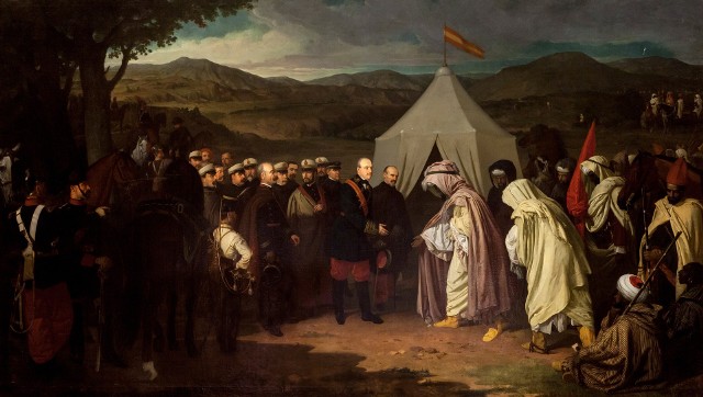 Obraz XIX-wieczny przedstawiający traktat kończący wojnę Hiszpanii z Marokiem (1859-1860). Był to początek kryzysu monarchii marokańskiej zakończonego utratą niepodległości w 1912 r. i powstaniem Hiszpańskiego Maroka