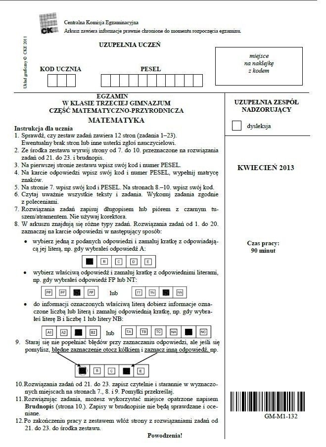 Egzamin gimnazjalny 2013 - matematyka. Arkusz egzaminacyjny.