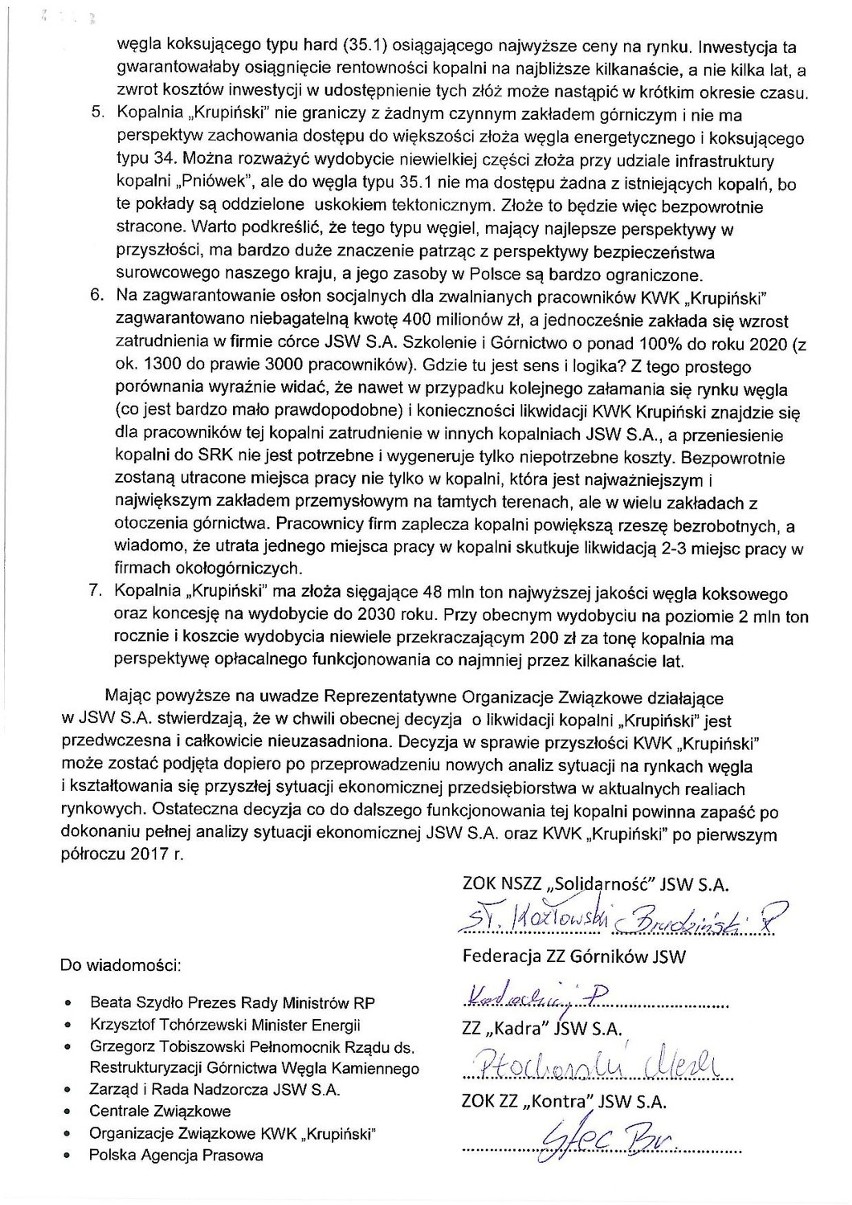 Związki JSW: Decyzja o likwidacji KWK Krupiński...