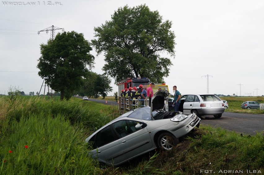 Wypadek pod Wrocławiem. Dwie osoby ranne. Auto w rowie (ZDJĘCIA)