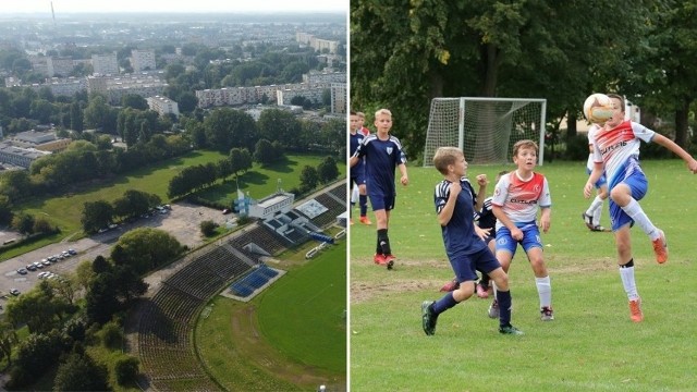 Dziś młodzi piłkarze muszą grać na boiskach, których stan techniczny pozostawia wiele do życzenia. Po lewej: duży prostokąt wśród drzew  to miejsce, gdzie ma zostać wybudowane nowe koszalińskie euroboisko