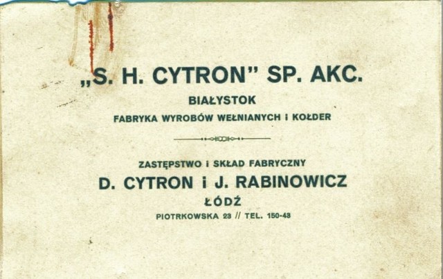 Bilet wizytowy fabryki Cytrona. Ze zbiorów Muzeum Podlaskiego w Białymstoku
