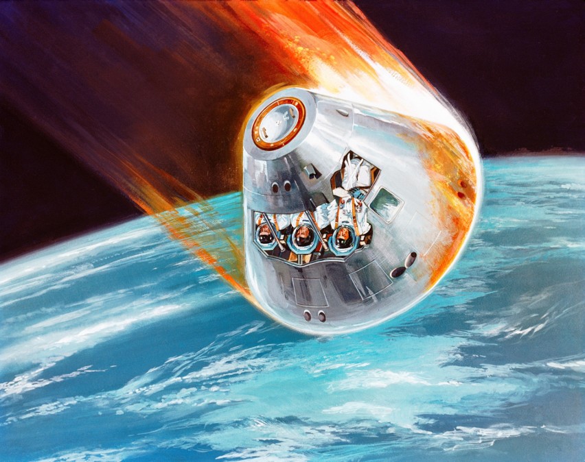 Lądownik Apollo 7 wchodzi w atmosferę (grafika). Na...