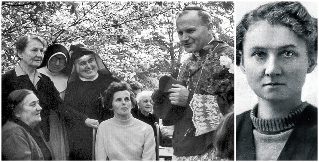 Spotkanie kard. Wojtyły z chorymi. Hanna Chrzanowska stoi pierwsza z lewej. Na mniejszej fotografii Hanna w młodości