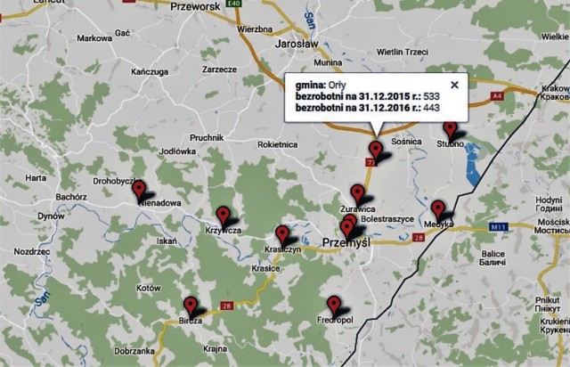 Na interaktywnej mapie poniżej możesz sprawdzić, ile jest osób bezrobotnych było na koniec 2015 i 2016 r. w gminach pow. przemyskiego. Źródło danych: PUP w Przemyślu.