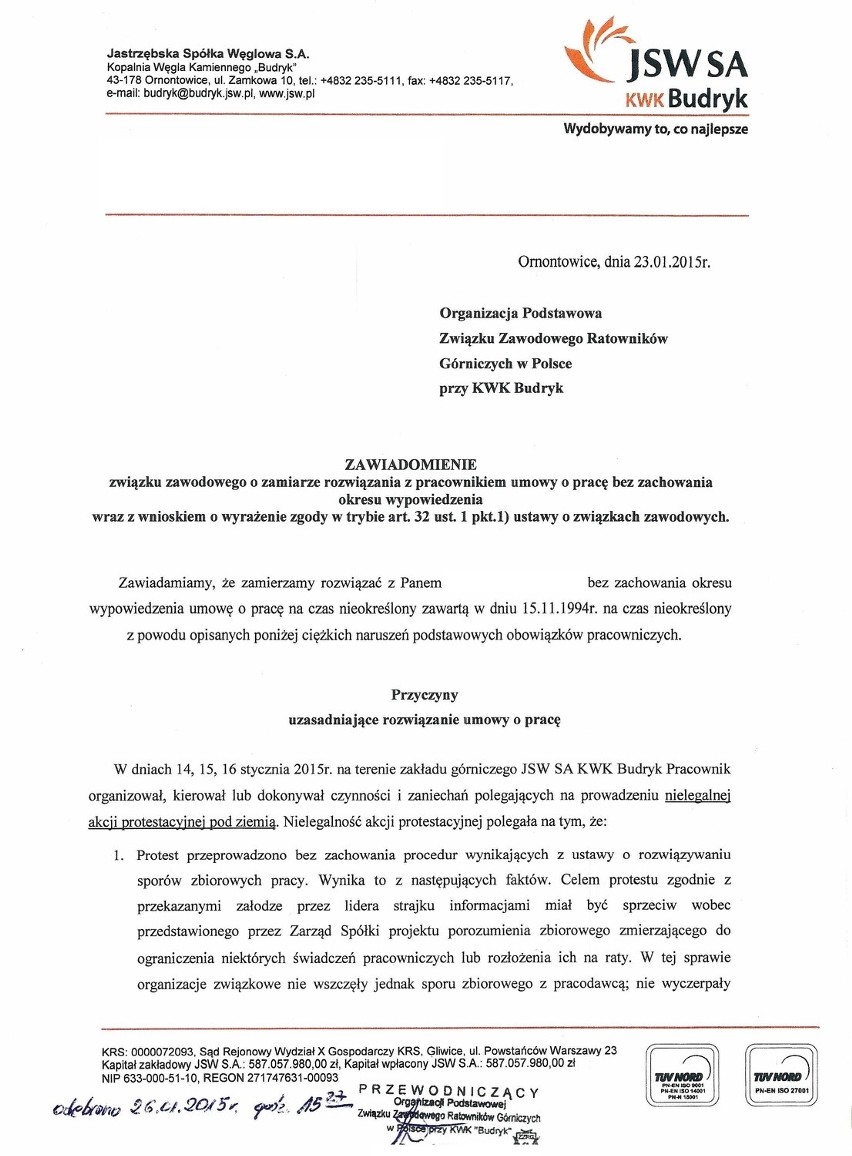 Związkowcy z JSW zwolnieni dyscyplinarnie! Powód: wspieranie strajku w Kompanii [WZÓR WYPOWIEDZENIA]