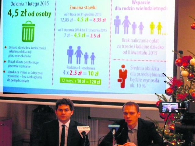 Prezydent Lucjusz Nadbereżny i przewodniczący Rady Miejskiej Rafał Weber na zwołanej nagle konferencji prasowej zapowiedzieli obniżenie stawek opłat za śmieci o pół złotego.