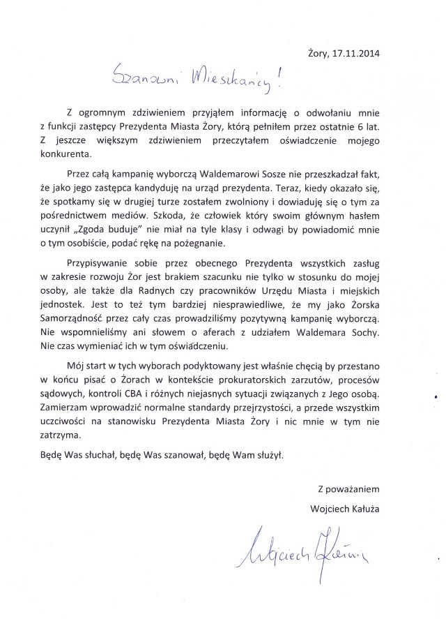 Oświadczenie Wojciecha Kałuży