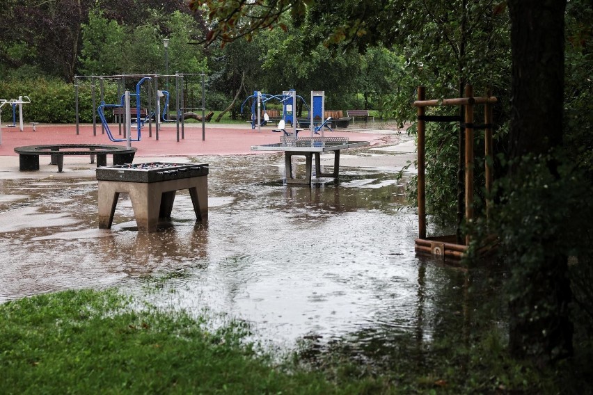 Skutki sierpniowych ulew w Poznaniu - zalany Park Wodziczki