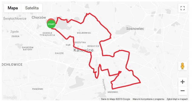 Poglądowa mapa przebiegu Silesia Marathonu 6 października 2019 r.