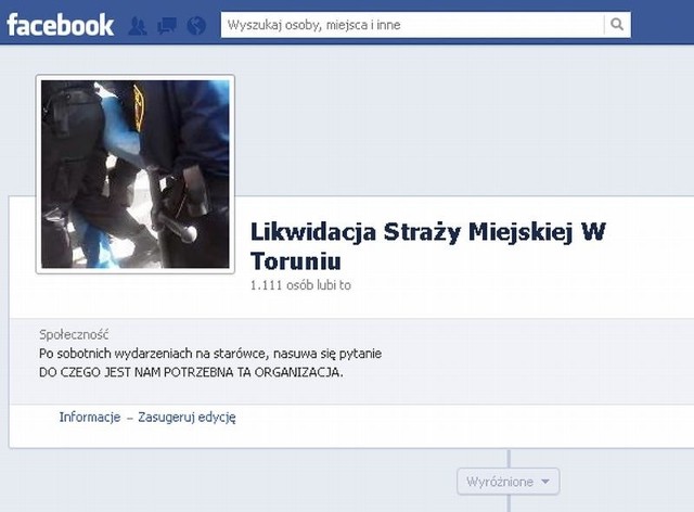 Liczba osób, które lubią fanpejdż "Likwidacja straży miejskiej w Toruniu" rośnie z minuty na minutę