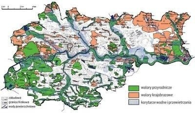 Jedna z map książki, pokazująca tereny Krakowa najcenniejsze przyrodniczo, które powinny być chronione przed zabudową