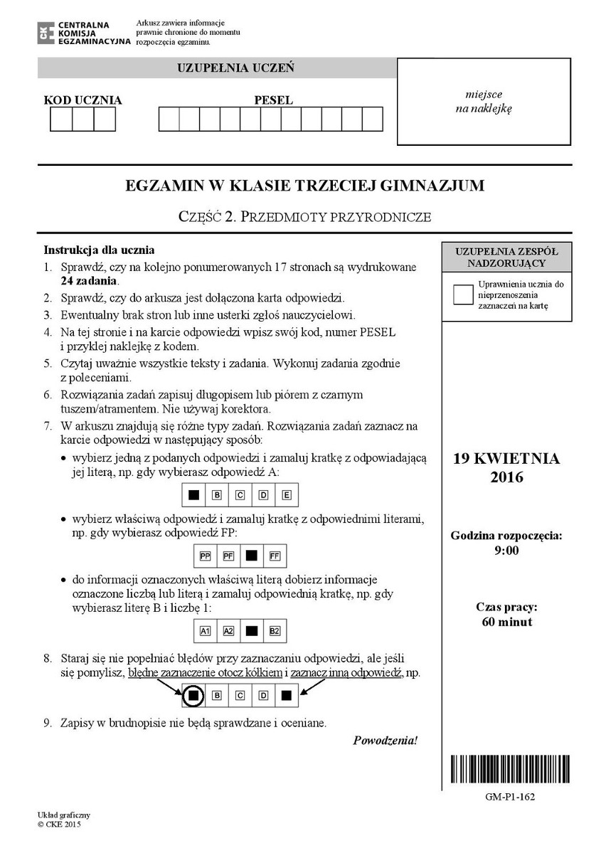 Egzamin gimnazjalny 2016. Przedmioty przyrodnicze (ARKUSZE, PYTANIA, ODPOWIEDZI)