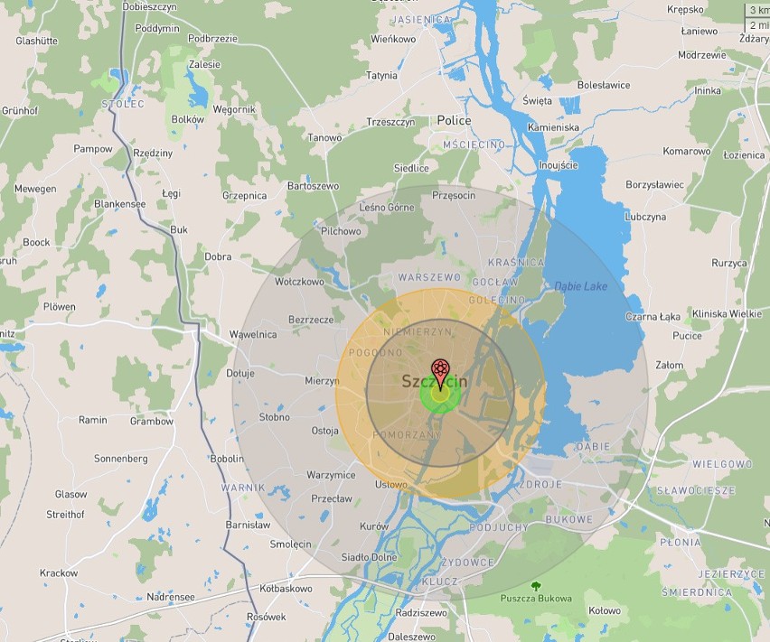 Zasięg rażenia potencjalnej bomby nuklearnej o masie 150 kt...