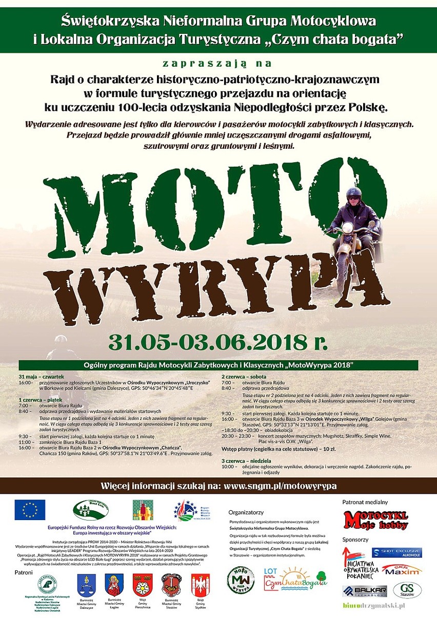 Rajd motocyklowy "Moto Wyrypa 2018" zawita do Staszowa. Będzie pokaz "Próba sprawnościowa" 
