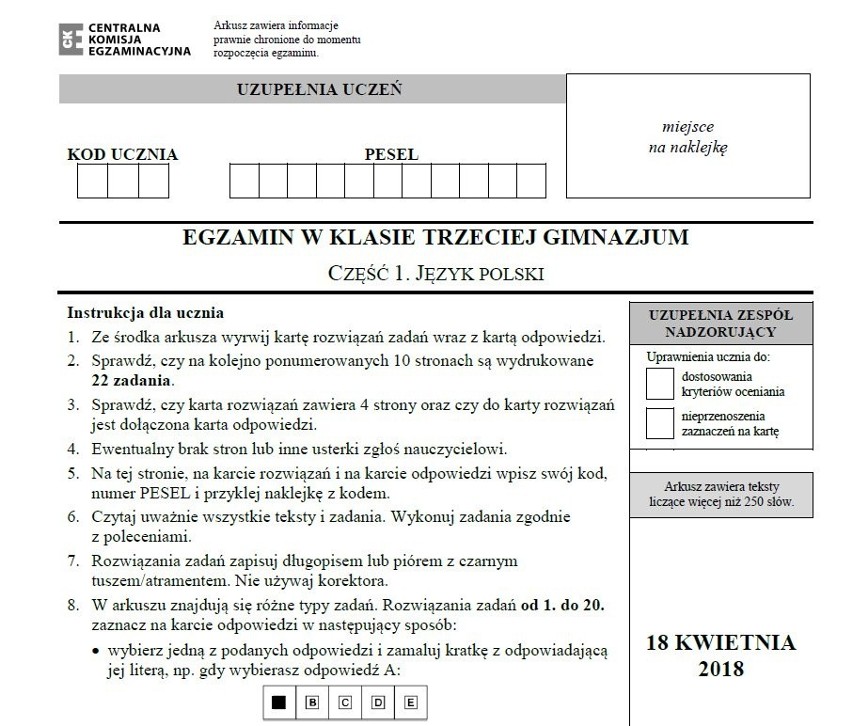 EGZAMIN GIMNAZJALNY 2018. Język polski arkusze CKE i odpowiedzi  [18.04.2018] | Dziennik Bałtycki