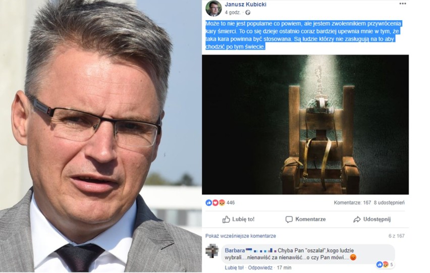 Kubicki na FB: "Jestem zwolennikiem przywrócenia kary śmierci". - Pan chyba oszalał - czytamy komentarze