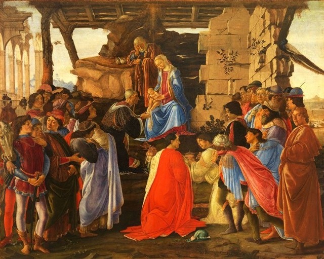 Sandro Botticelli, Pokłon trzech króli, 1475. Galeria Uffizi we Florencji. Obok Świętej Rodziny i mędrców ze Wschodu autor umieścił członków rodziny Medyceuszów