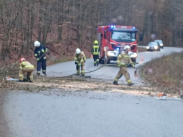 Strażacy już zmagają się z pierwszymi skutkami wichur w Lubuskiem. Na zdjęciach droga powiatowa między Racławiem a Jeninem. Strażacy z OSP Bogdaniec usuwali powalone drzewo już 20 grudnia.