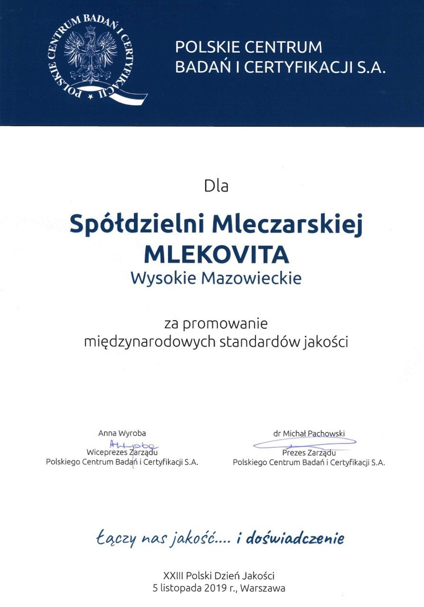 Mlekovita dostała nagrodę za promowanie międzynarodowych standardów zarządzania