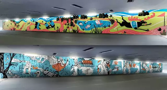 Wizualizacja dwóch kompozycji, które powstaną na ścianach tunelu pod ulicą Niestachowską w Poznaniu. Projekt murali wykonali studenci poznańskiego Uniwersytetu Artystycznego