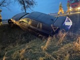 Wypadek w Dziekanowicach. Kierowca ściął znak drogowy, uszkodził wysepkę i dachował [ZDJĘCIA]