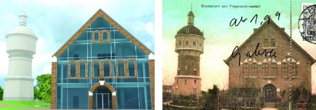 Na pocztówce z 1910 roku widać budynek szkoły zawodowej, który do II wojny światowej stał obok wieży ciśnień. Po lewej projekt muzeum autorstwa Pawła Zadrogi, inspirowany nie istniejącym już budynkiem.