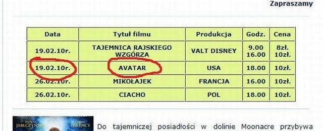 W piątek na stronie internetowej Opatowskiego Ośrodka Kultury widniała informacja o projekcji filmu Avatar. Nikt nie pofatygował się aby w związku z odwołanym seansem informację usunąć. Podobna informacja widniała na stronie internetowej Urzędu Miasta i Gminy w Opatowie.