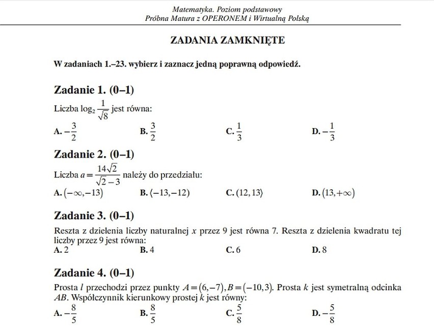Matematyka. Matura próbna z Operonem [PYTANIA, ARKUSZE]. Jakie zadania
