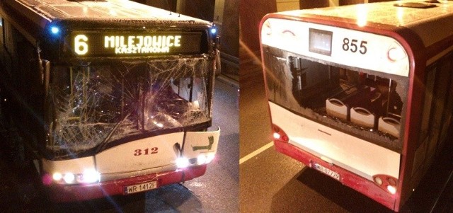 Uszkodzone autobusy miejskie po piątkowej kolizji w tunelu al. Grzecznarowskiego w Radomiu.