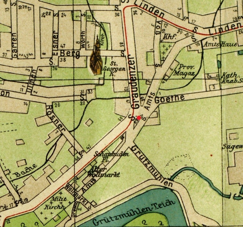 Plan z 1912 roku z zaznaczonym starym cmentarzem na Mokrem...