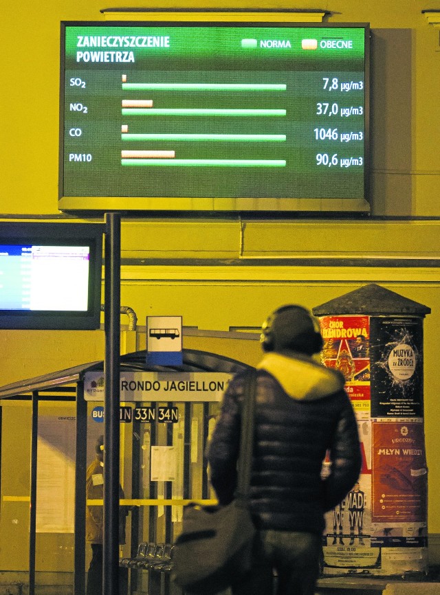 W Bydgoszczy na rondzie Jagiellonów wisi tablica, która pokazuje na bieżąco  jakie jest zanieczyszczenie powietrza i  jaka jest norma