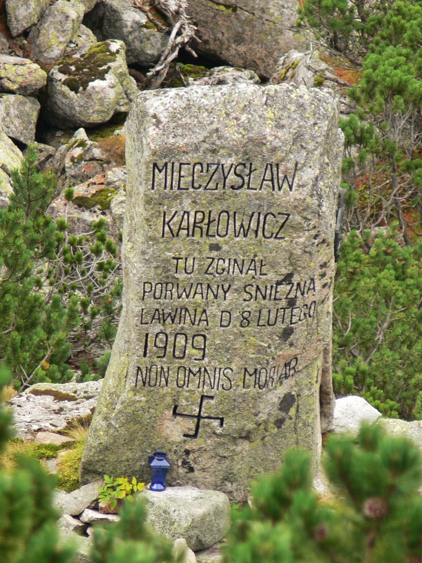 Pomnik „głaz” Karłowicza.  Stoi przy szlaku nad Czarny Staw....