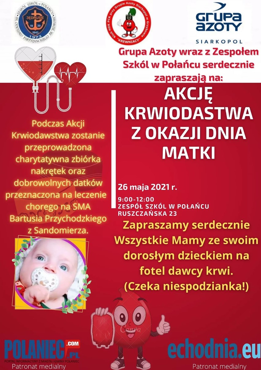 26 maja w Połańcu startuje akcja krwiodawstwa z okazji Dnia Matki i zbiórka dla Bartusia Przychodzkiego z Sandomierza 