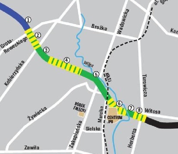 Odcinki Trasy Łagiewnickiej:1. Węzeł Ruczaj , 2. Pierwszy tunel - ok. 400 m, 3. Węzeł Cegielniana, 4. Drugi tunel - ok. 600 m, 5. Węzeł Solvay, 6. Trzeci Tunel - ok. 700 m, 7. Węzeł Łagiewnicki, 8. Czwarty tunel - ok. 250 mDługość całej trasy: ok. 3,7 kmSzacunkowy koszt inwestycji: ok. 1,3 mld złTermin wykonania: 2020 r.