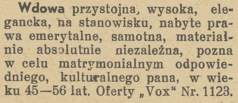 Ogłoszenia matrymonialne z lat 30. "Panienka, ładniutka, jasna blondynka...". Ogłoszenia pań