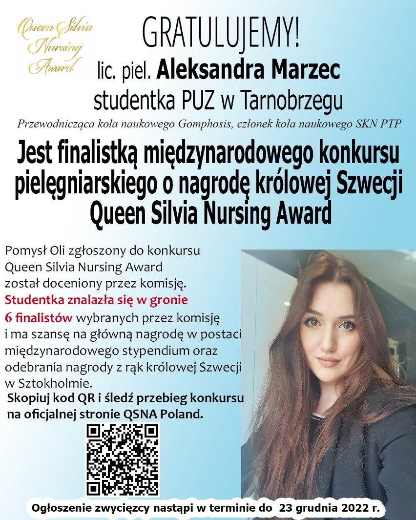 Aleksandra Marzec, studentka Państwowej Uczelni Zawodowej w Tarnobrzegu finalistką konkursu o Nagrodę Pielęgniarską Królowej Szwecji Sylwii