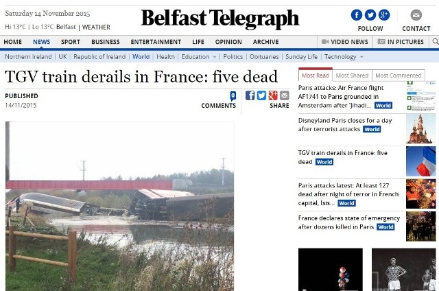 O wykolejeniu pociągu we Francji informuje m.in. Belfast Telegraph