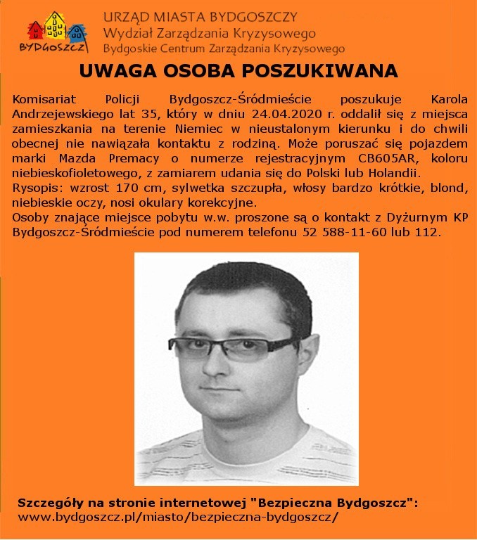 Policja poszukuje 35-letniego bydgoszczanina i prosi o pomoc w ustaleniu jego miejsca pobytu