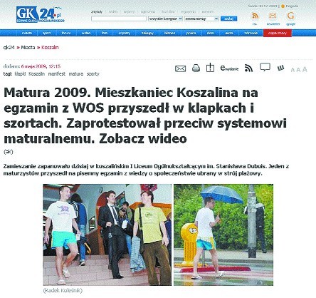 16220 internautów przeczytało tekst o maturzyście z Koszalina, który na egzamin z wiedzy o społeczeństwie przyszedł w niekonwencjonalnym stroju.