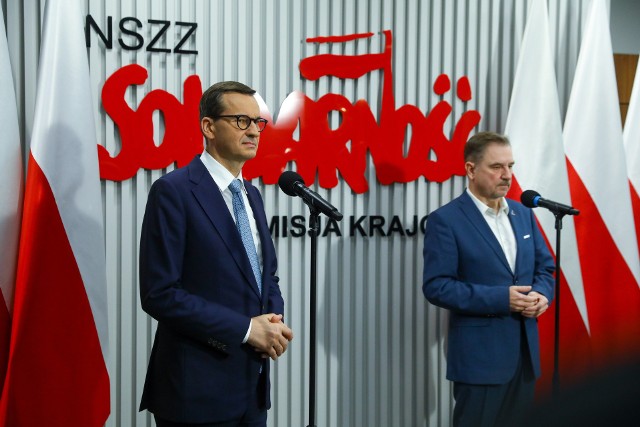Premier Mateusz Morawiecki i Piotr Duda, szef "Solidarności"