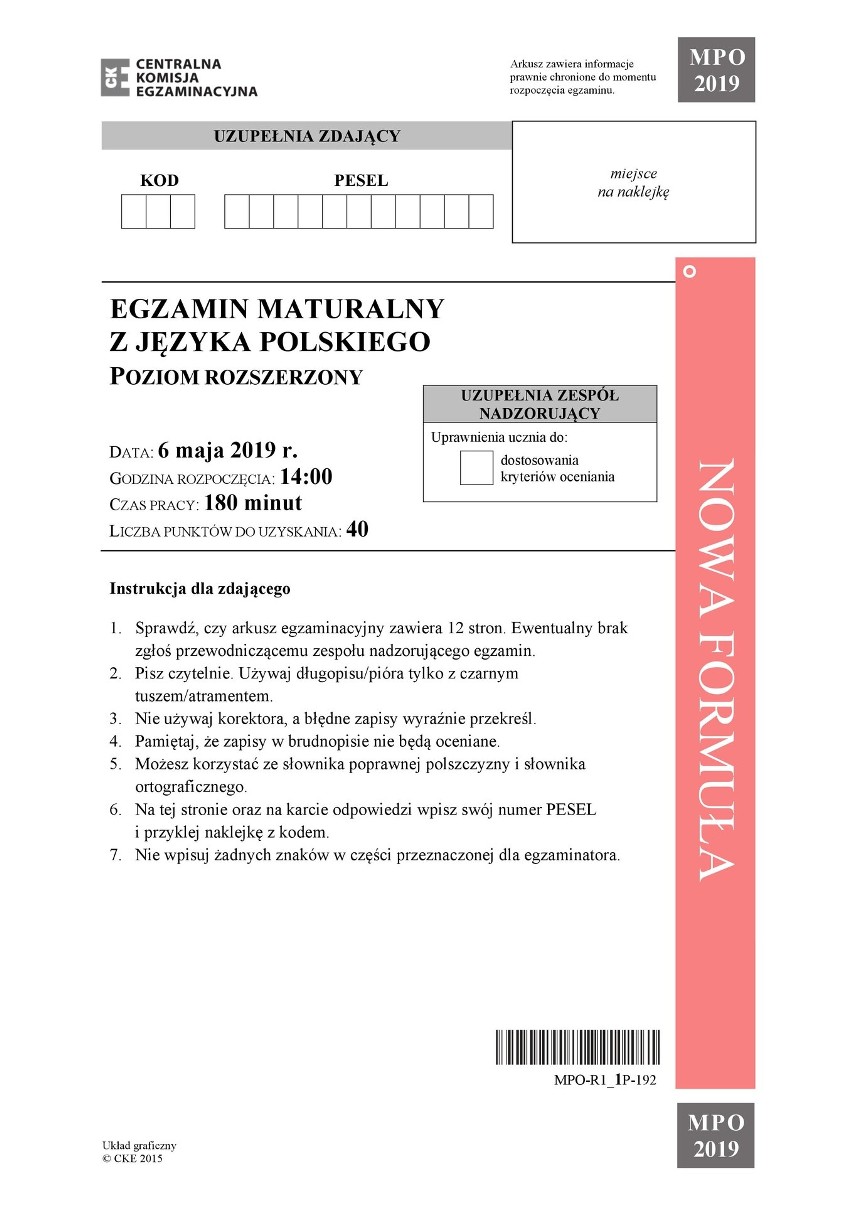 Matura 2019 POLSKI rozszerzenie Odpowiedzi, Arkusz CKE 6 05 Co będzie na mturze z j. polskiego?