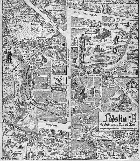 Turystyczna mapa Koszalina sprzed 78 lat. Reprodukcja pochodzi ze zbiorów Jerzego Sterczyńskiego, znanego miłośnika starego Koszalina.