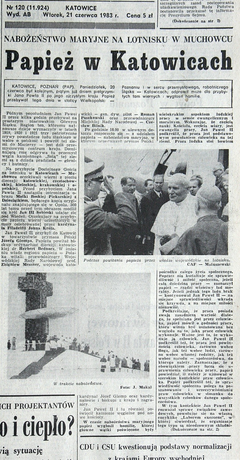 1983. Jan Paweł II 20 czerwca odprawił mszę na katowickim...