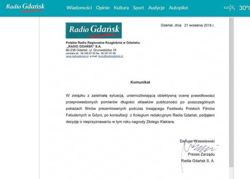 Radio Gdańsk odwołuje nagrodę Złotego Klakiera. Bo wygrywał film "Kler"?