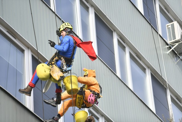 Alpiniści w ramach 30. finału WOŚP umyli okna oddziałów dziecięcych szpitala na Józefowie. Przy okazji przebrani byli oni za przeróżne postacie z bajek, czy filmów.