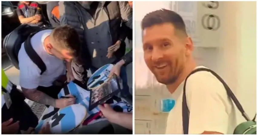 Lionel Messi z fanami Barcelony na lotnisku El Prat przed...