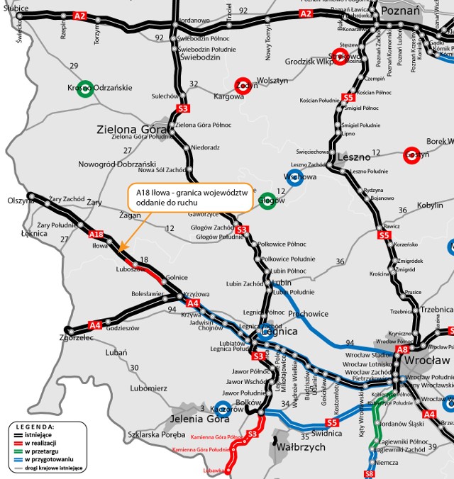 Na połowę października br. zaplanowano oddanie do ruchu ostatniego fragmentu A18 do węzła Golnice w województwie dolnośląskim. Tym samym kierowcy będą już mogli korzystać z całej, dwujezdniowej autostrady A18 o długości 70 km.