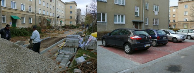 Z lewej budowa chodników przy ulicy Dmowskiego, z prawej gotowy parking przy ulicy Popiełuszki.