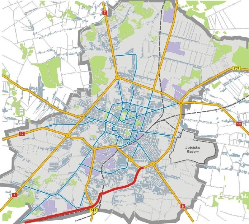 Przebieg obwodnicy południowej Radomia.